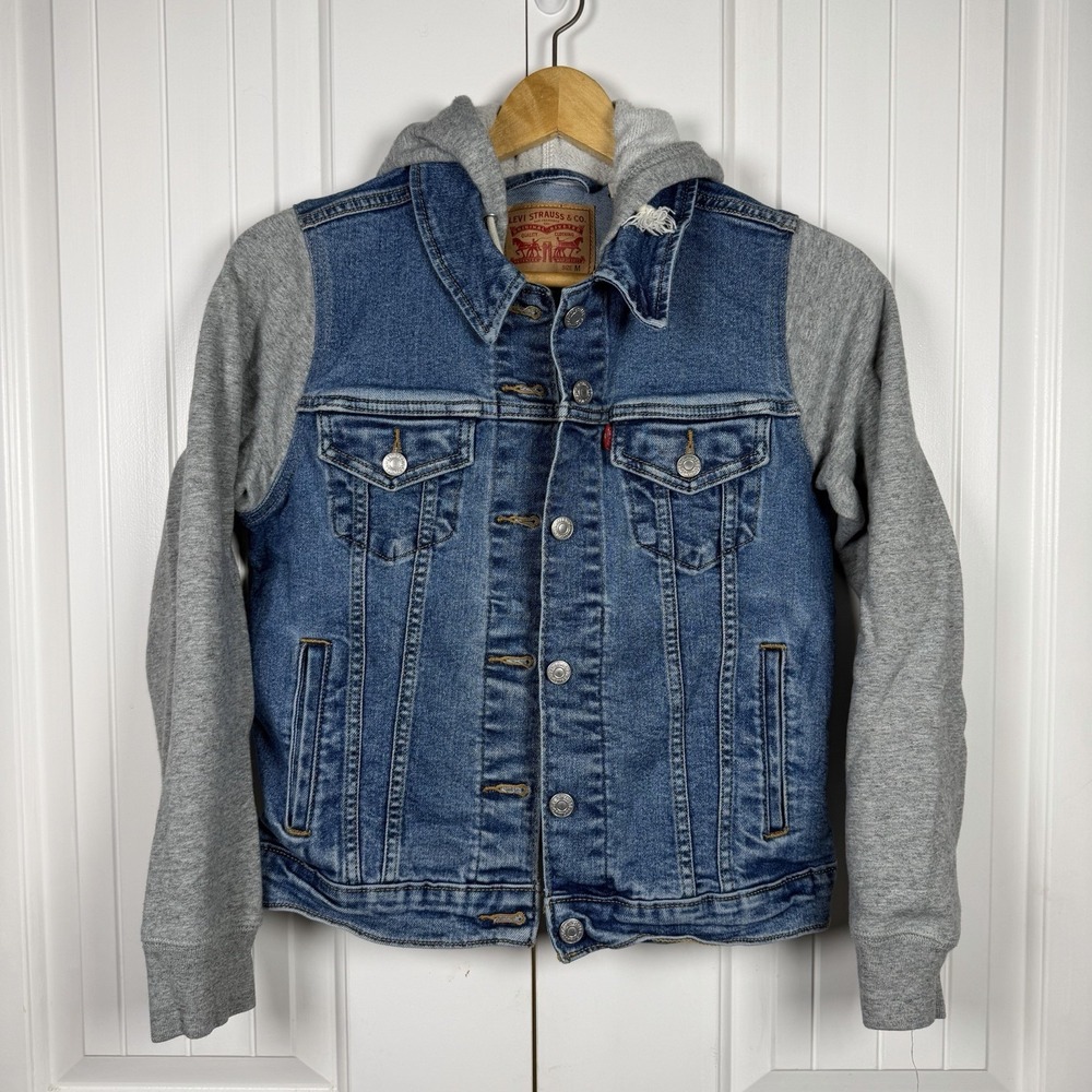 Levi's Hybrid Trucker Jean Jacket Women's Medium Hooded Denim Button Close Flaw - Picture 1 of 11